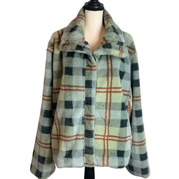 Vici Jackets & Blazers - Vici Yosemite Adventures Plaid Teddy Jacket Sage Faux Fur Snap Front Large